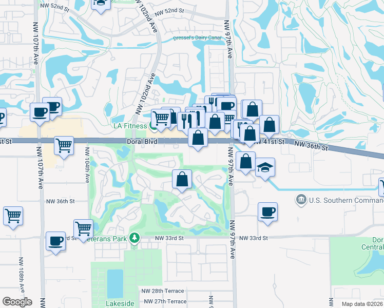 map of restaurants, bars, coffee shops, grocery stores, and more near 9850 Northwest 41st Street in Doral