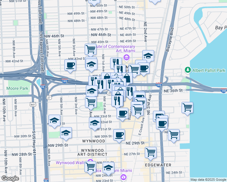 map of restaurants, bars, coffee shops, grocery stores, and more near 31 Northwest 36th Street in Miami