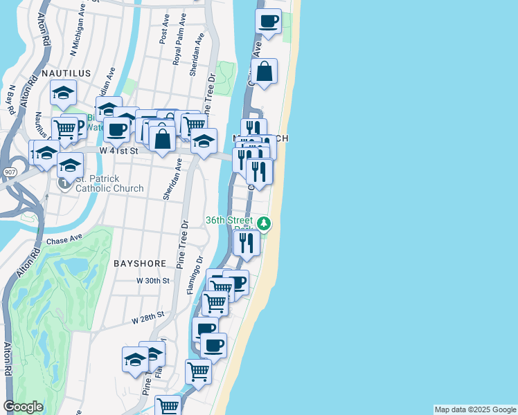 map of restaurants, bars, coffee shops, grocery stores, and more near 3737 Collins Avenue in Miami Beach