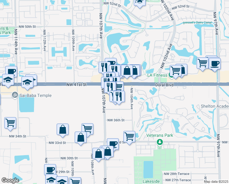 map of restaurants, bars, coffee shops, grocery stores, and more near 3905 Northwest 107th Avenue in Doral