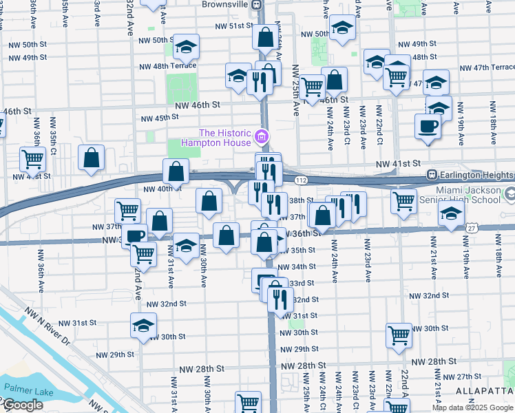 map of restaurants, bars, coffee shops, grocery stores, and more near 2728 Northwest 38th Street in Miami