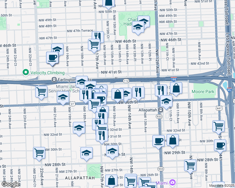 map of restaurants, bars, coffee shops, grocery stores, and more near 1491 Northwest 37th Street in Miami