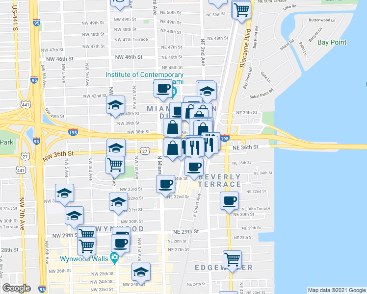 map of restaurants, bars, coffee shops, grocery stores, and more near in Miami