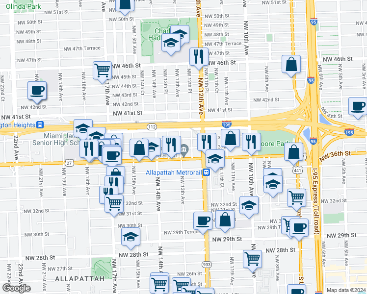 map of restaurants, bars, coffee shops, grocery stores, and more near 1259 Northwest 37th Street in Miami