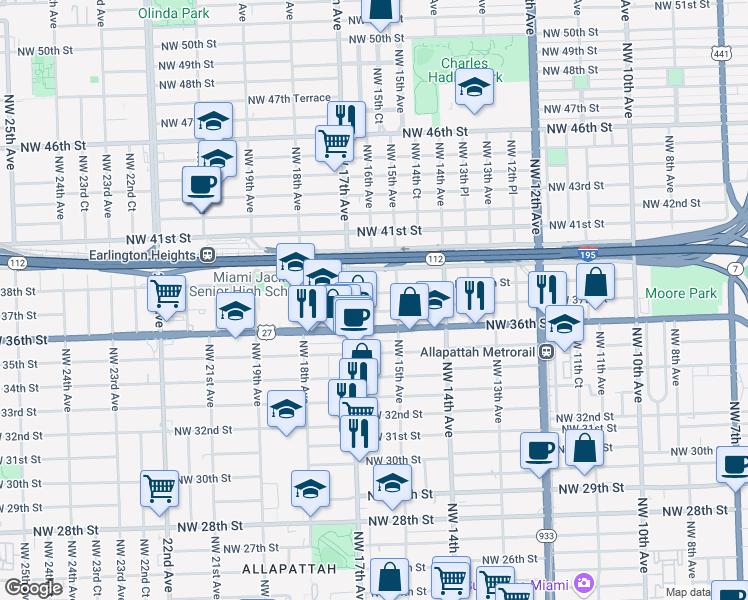map of restaurants, bars, coffee shops, grocery stores, and more near 1601 Northwest 37th Street in Miami