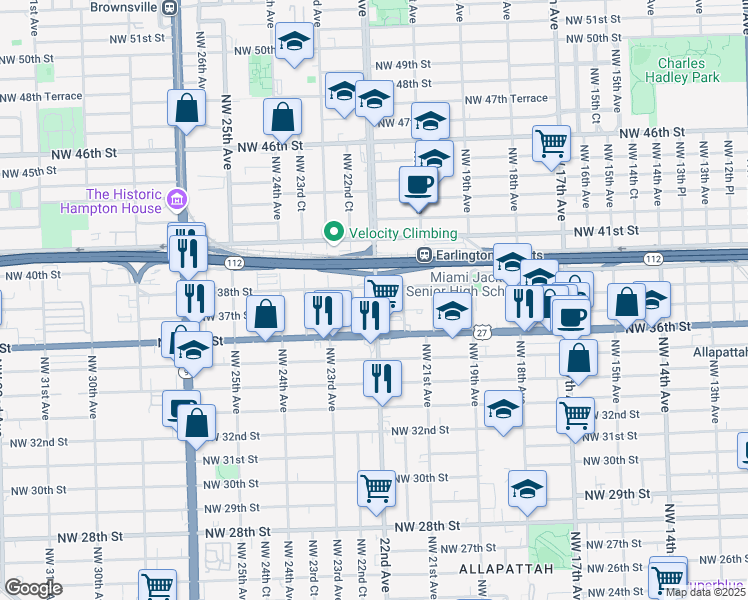 map of restaurants, bars, coffee shops, grocery stores, and more near 3701 Northwest 22nd Avenue in Miami