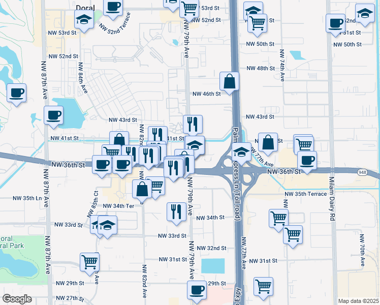 map of restaurants, bars, coffee shops, grocery stores, and more near 3929 Northwest 39th Street in Doral