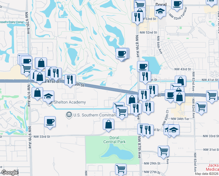 map of restaurants, bars, coffee shops, grocery stores, and more near 8830 Northwest 36th Street in Doral