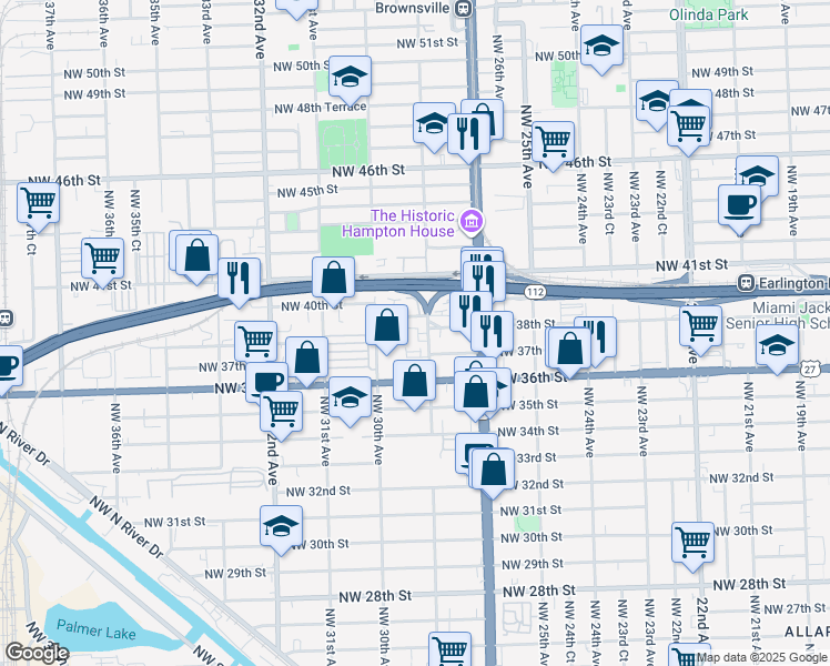 map of restaurants, bars, coffee shops, grocery stores, and more near 2950 Southwest 38th Avenue in Miami