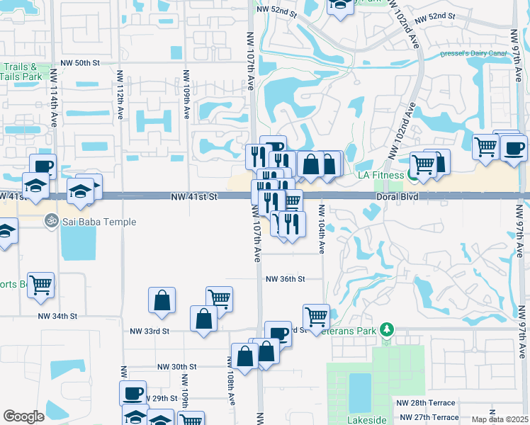map of restaurants, bars, coffee shops, grocery stores, and more near 3905 Northwest 107th Avenue in Doral