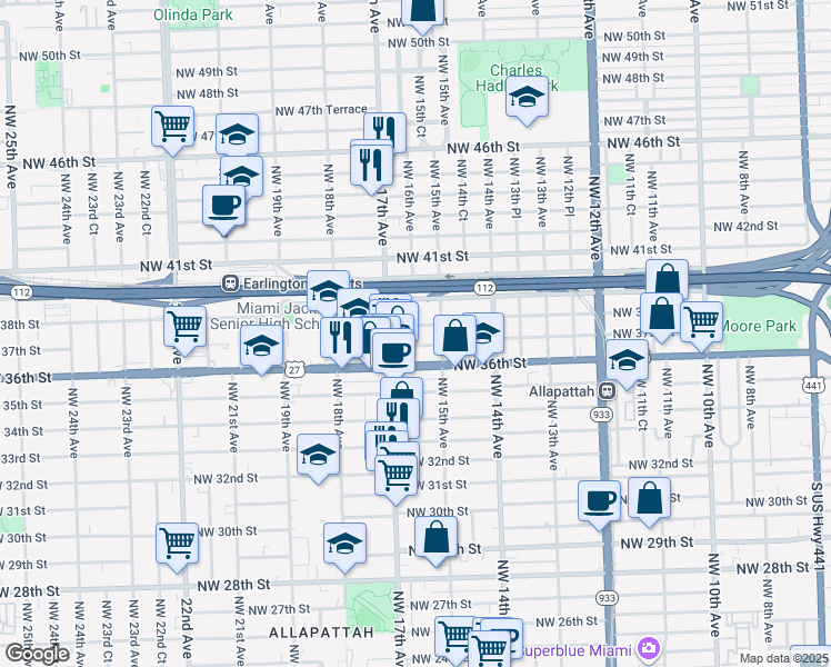map of restaurants, bars, coffee shops, grocery stores, and more near 1601 Northwest 37th Street in Miami