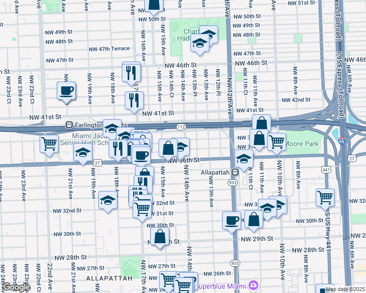 map of restaurants, bars, coffee shops, grocery stores, and more near 1400 Northwest 37th Street in Miami