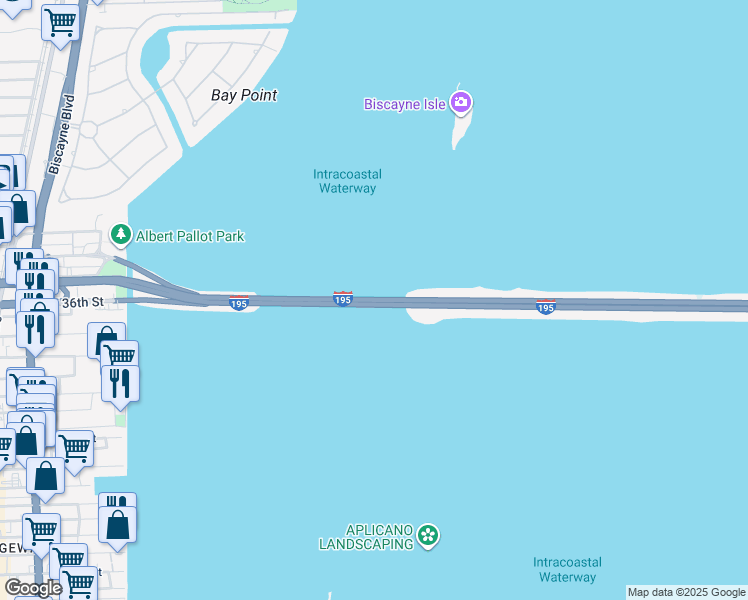 map of restaurants, bars, coffee shops, grocery stores, and more near Interstate 195 in Miami