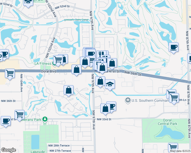 map of restaurants, bars, coffee shops, grocery stores, and more near 4055 Northwest 97th Avenue in Doral