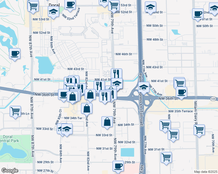 map of restaurants, bars, coffee shops, grocery stores, and more near 3940 Northwest 79th Avenue in Doral