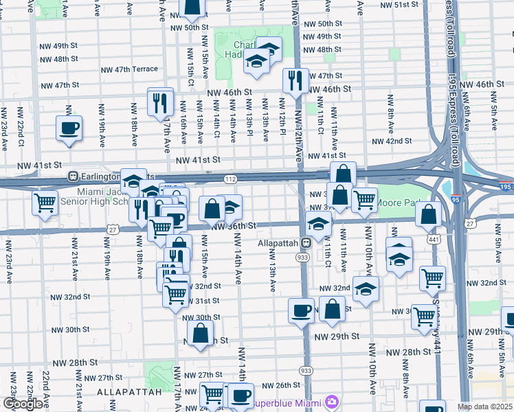 map of restaurants, bars, coffee shops, grocery stores, and more near 1335 Northwest 37th Street in Miami