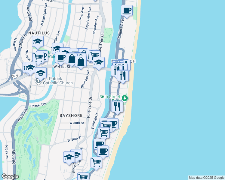 map of restaurants, bars, coffee shops, grocery stores, and more near in Miami Beach