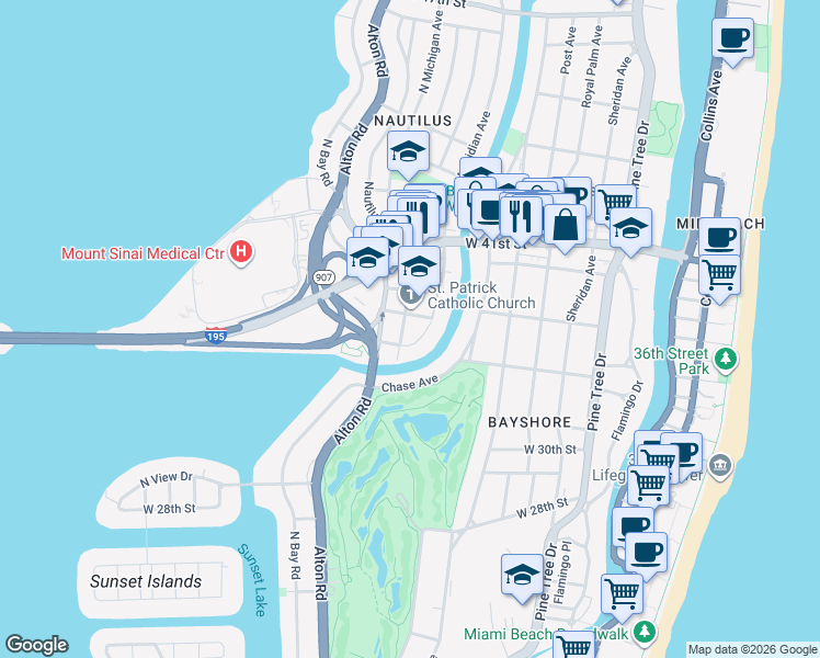 map of restaurants, bars, coffee shops, grocery stores, and more near 3440 Meridian Avenue in Miami Beach