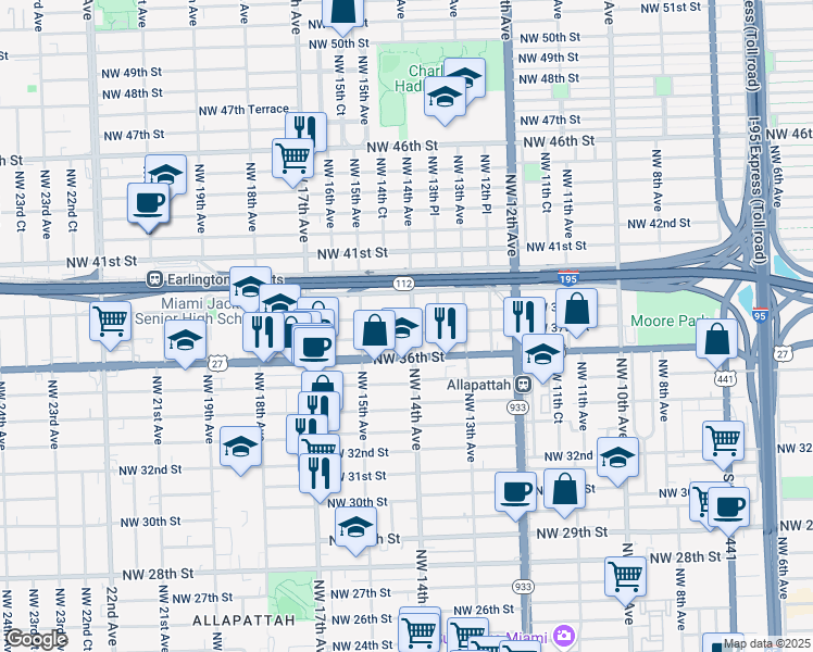 map of restaurants, bars, coffee shops, grocery stores, and more near 1400 Northwest 37th Street in Miami