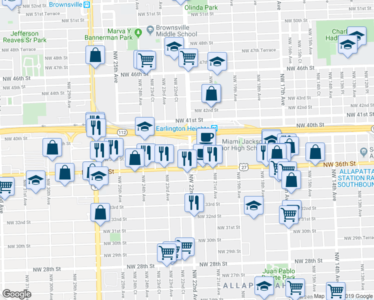 map of restaurants, bars, coffee shops, grocery stores, and more near 3701 Northwest 22nd Avenue in Miami