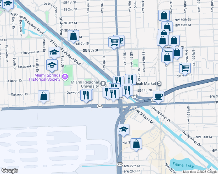 map of restaurants, bars, coffee shops, grocery stores, and more near 1905 Kenmore Drive in Miami Springs