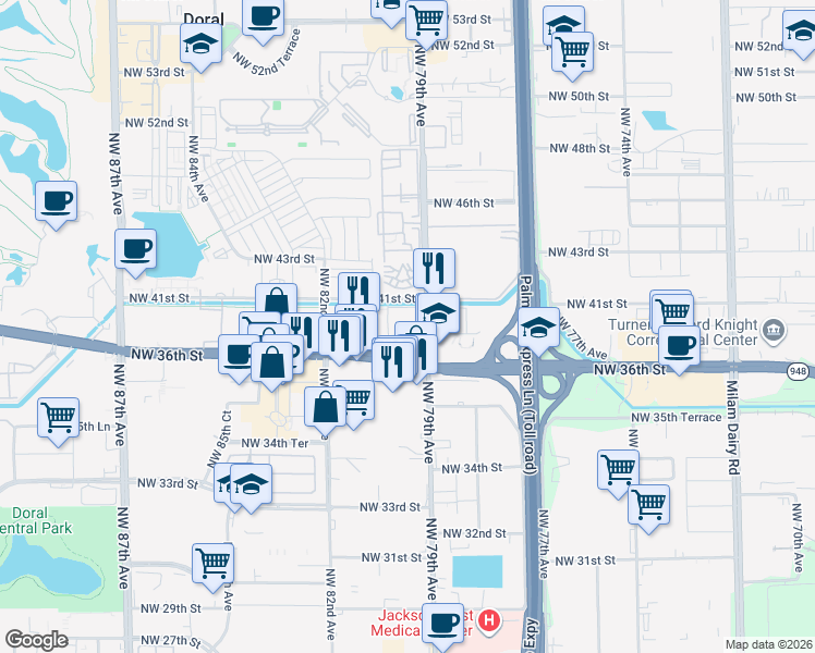 map of restaurants, bars, coffee shops, grocery stores, and more near 3900 Northwest 79th Avenue in Doral