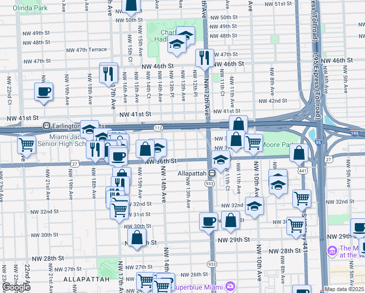map of restaurants, bars, coffee shops, grocery stores, and more near 1335 Northwest 37th Street in Miami