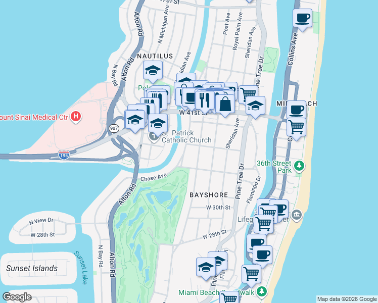 map of restaurants, bars, coffee shops, grocery stores, and more near 3444 Prairie Avenue in Miami Beach