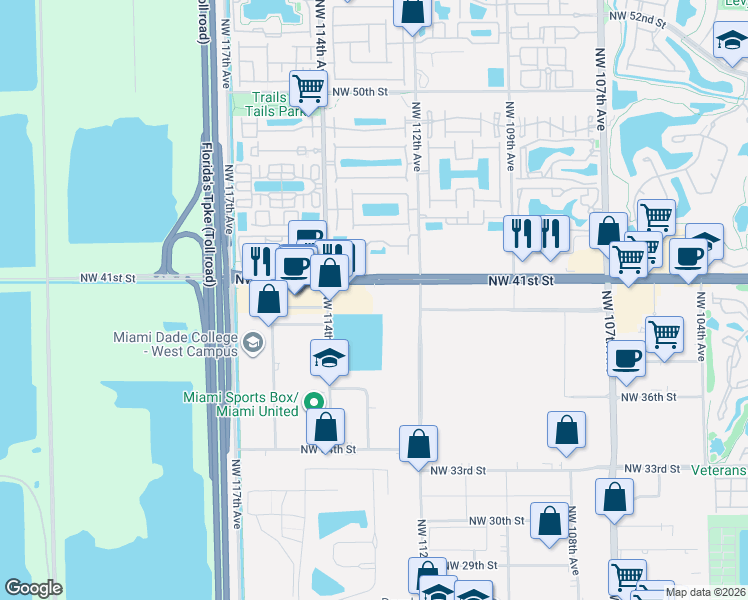 map of restaurants, bars, coffee shops, grocery stores, and more near 11300 Northwest 41st Street in Doral