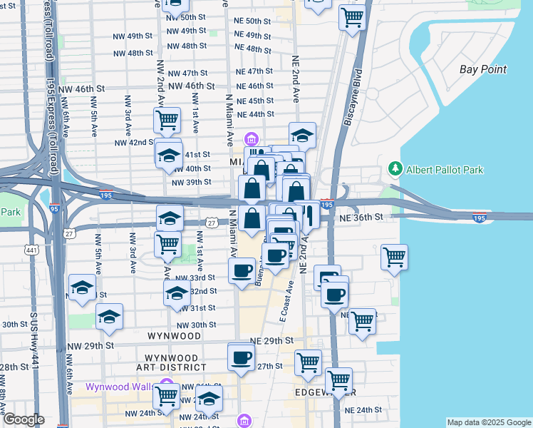 map of restaurants, bars, coffee shops, grocery stores, and more near 3636 Northeast 1st Avenue in Miami