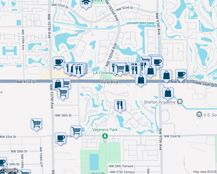 map of restaurants, bars, coffee shops, grocery stores, and more near 10166 Northwest 41st Street in Doral