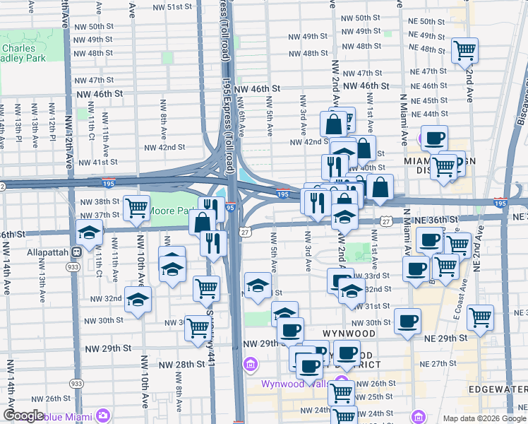 map of restaurants, bars, coffee shops, grocery stores, and more near in Miami