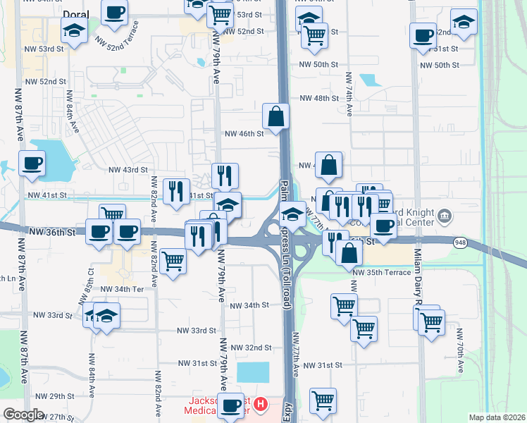 map of restaurants, bars, coffee shops, grocery stores, and more near 3959 Northwest 79th Avenue in Miami