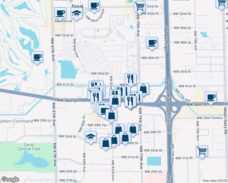 map of restaurants, bars, coffee shops, grocery stores, and more near 8201 Northwest 36th Street in Miami