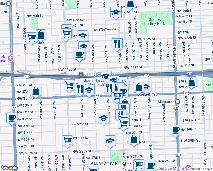 map of restaurants, bars, coffee shops, grocery stores, and more near 1751 Northwest 36th Street in Miami