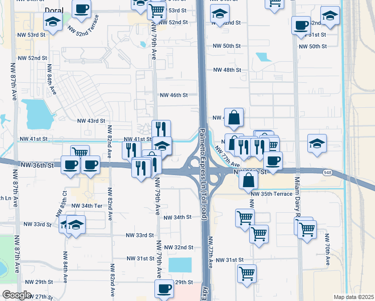 map of restaurants, bars, coffee shops, grocery stores, and more near 3959 Northwest 79th Avenue in Miami