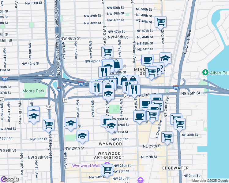 map of restaurants, bars, coffee shops, grocery stores, and more near 185 Northwest 36th Street in Miami