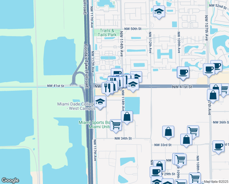 map of restaurants, bars, coffee shops, grocery stores, and more near 11403 Northwest 39th Street in Doral
