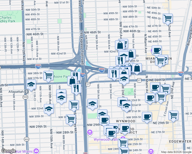 map of restaurants, bars, coffee shops, grocery stores, and more near 3606 Northwest 5th Avenue in Miami