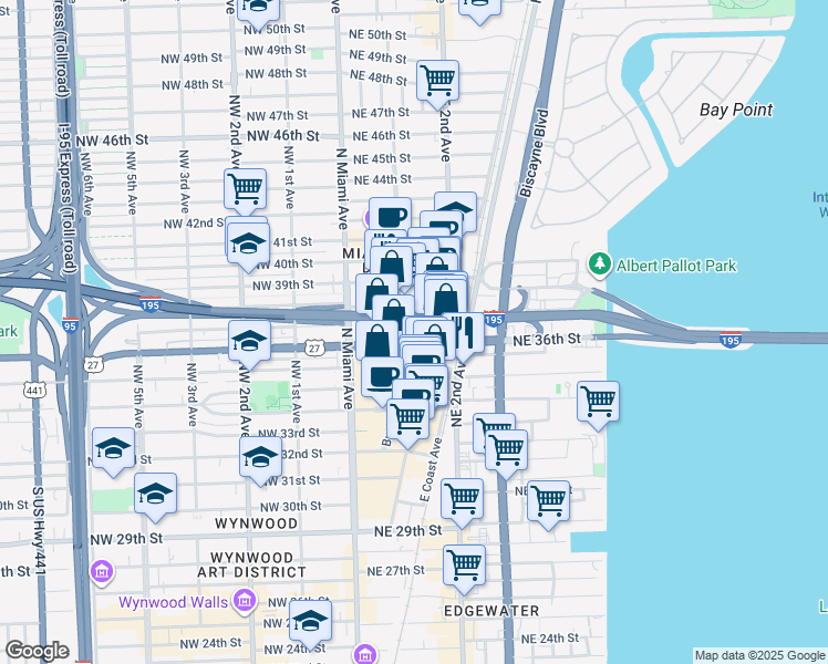 map of restaurants, bars, coffee shops, grocery stores, and more near 3635 Northeast 1st Avenue in Miami