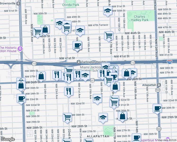 map of restaurants, bars, coffee shops, grocery stores, and more near 3650 Northwest 20th Avenue in Miami