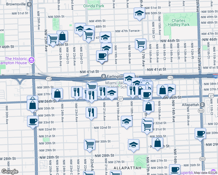 map of restaurants, bars, coffee shops, grocery stores, and more near 3650 Northwest 20th Avenue in Miami