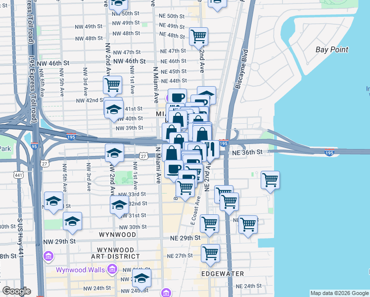 map of restaurants, bars, coffee shops, grocery stores, and more near in Miami