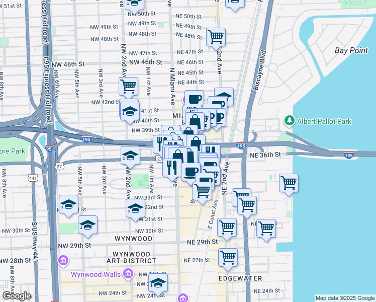 map of restaurants, bars, coffee shops, grocery stores, and more near 47 Florida 25 in Miami