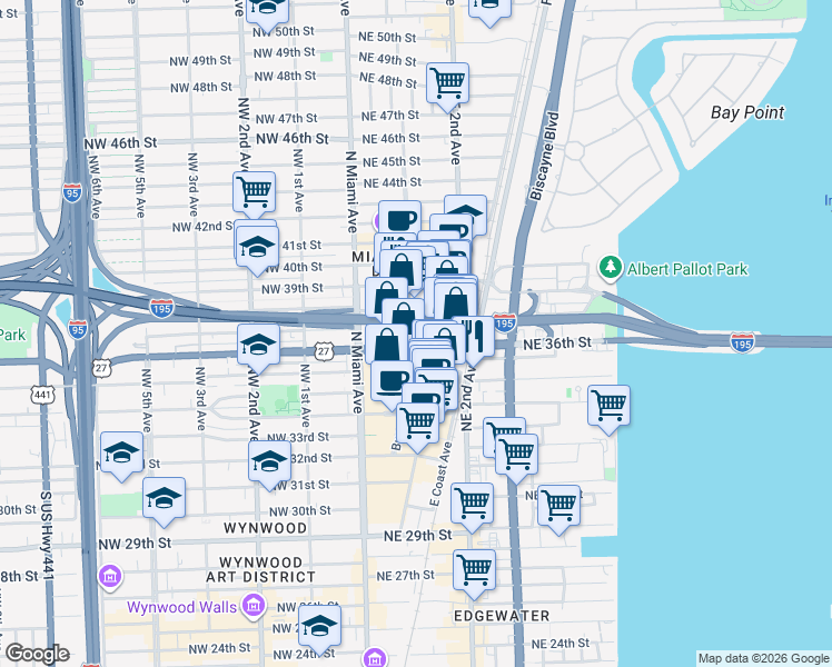map of restaurants, bars, coffee shops, grocery stores, and more near in Miami