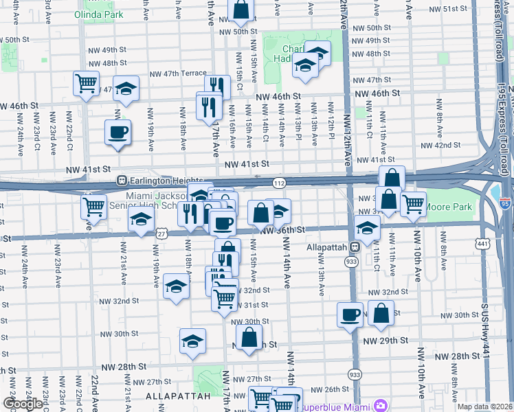 map of restaurants, bars, coffee shops, grocery stores, and more near 1491 Northwest 37th Street in Miami