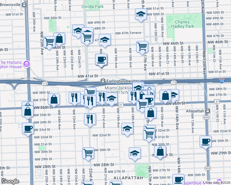 map of restaurants, bars, coffee shops, grocery stores, and more near 3650 Northwest 20th Avenue in Miami