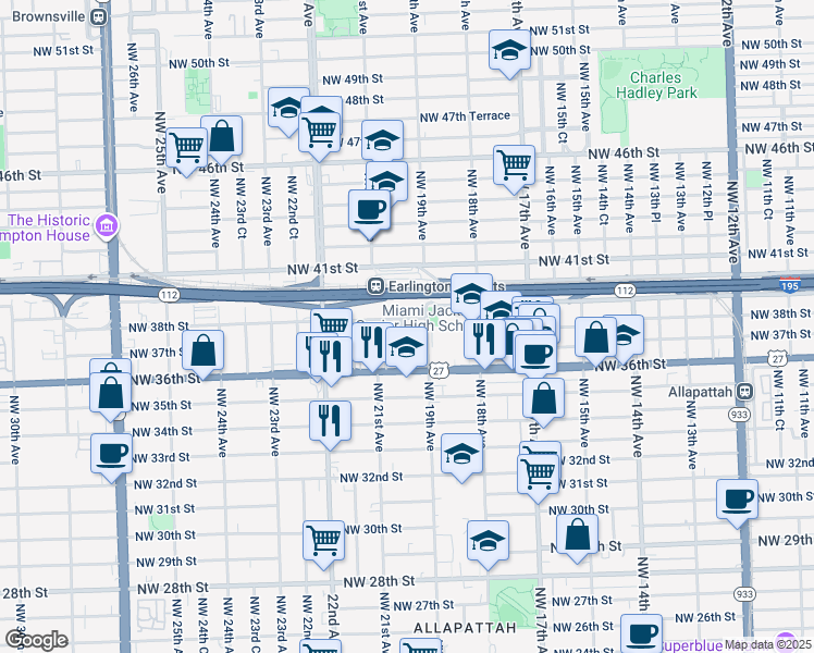 map of restaurants, bars, coffee shops, grocery stores, and more near 3650 Northwest 20th Avenue in Miami