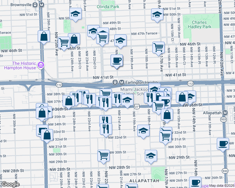 map of restaurants, bars, coffee shops, grocery stores, and more near 2147 Northwest 37th Street in Miami