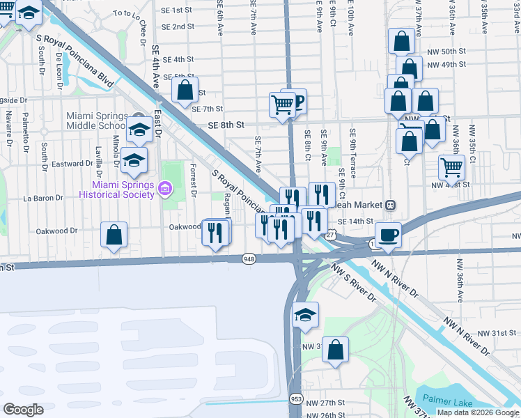 map of restaurants, bars, coffee shops, grocery stores, and more near 1905 Kenmore Drive in Miami Springs